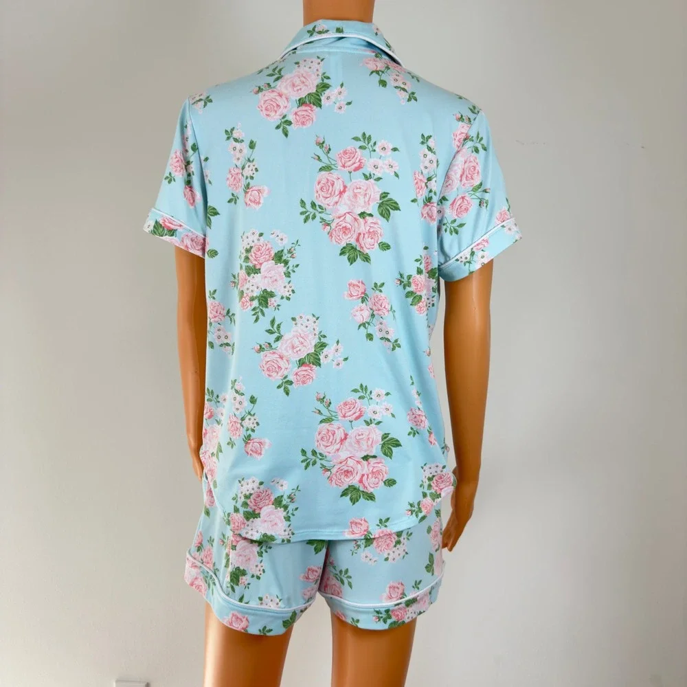Joyspun Blue Pink Rose Floral Pajama Set Short Sleeve Top Shorts Small 4-6 - Picture 7 of 14